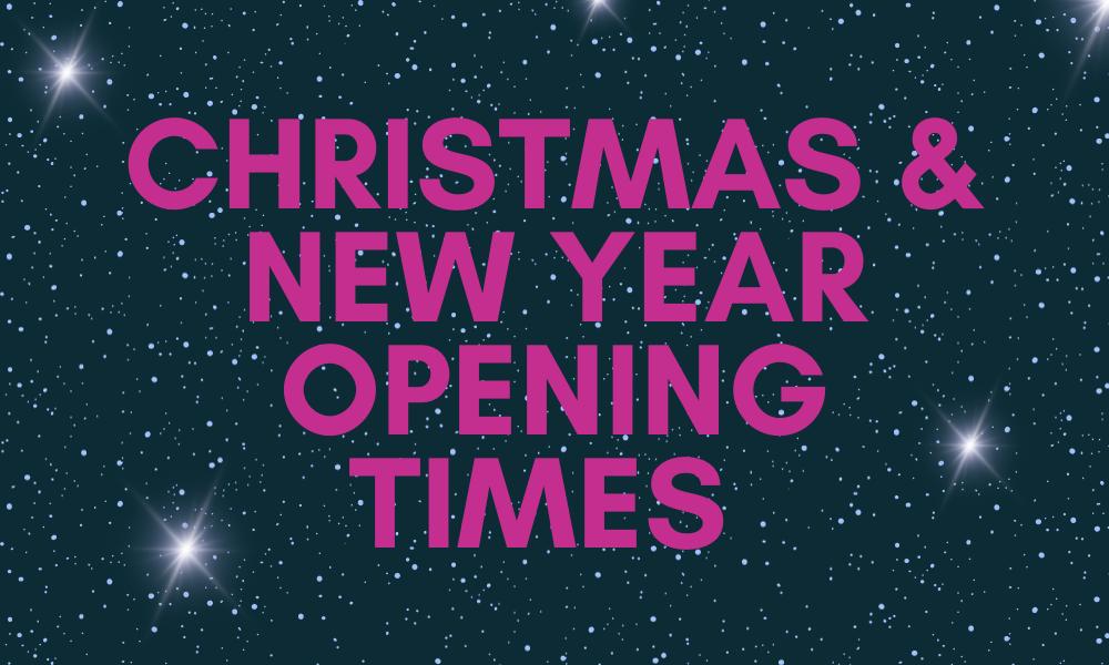 Blog Banner Image for Christmas Opening Hours 2023. Dark Background with snow flakes and stars. Pink text reading "Christmas and New Year Opening Times"